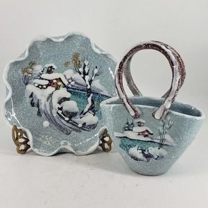 Hand Painted snow winter country scene artisan trinket dish basket Italy Signed